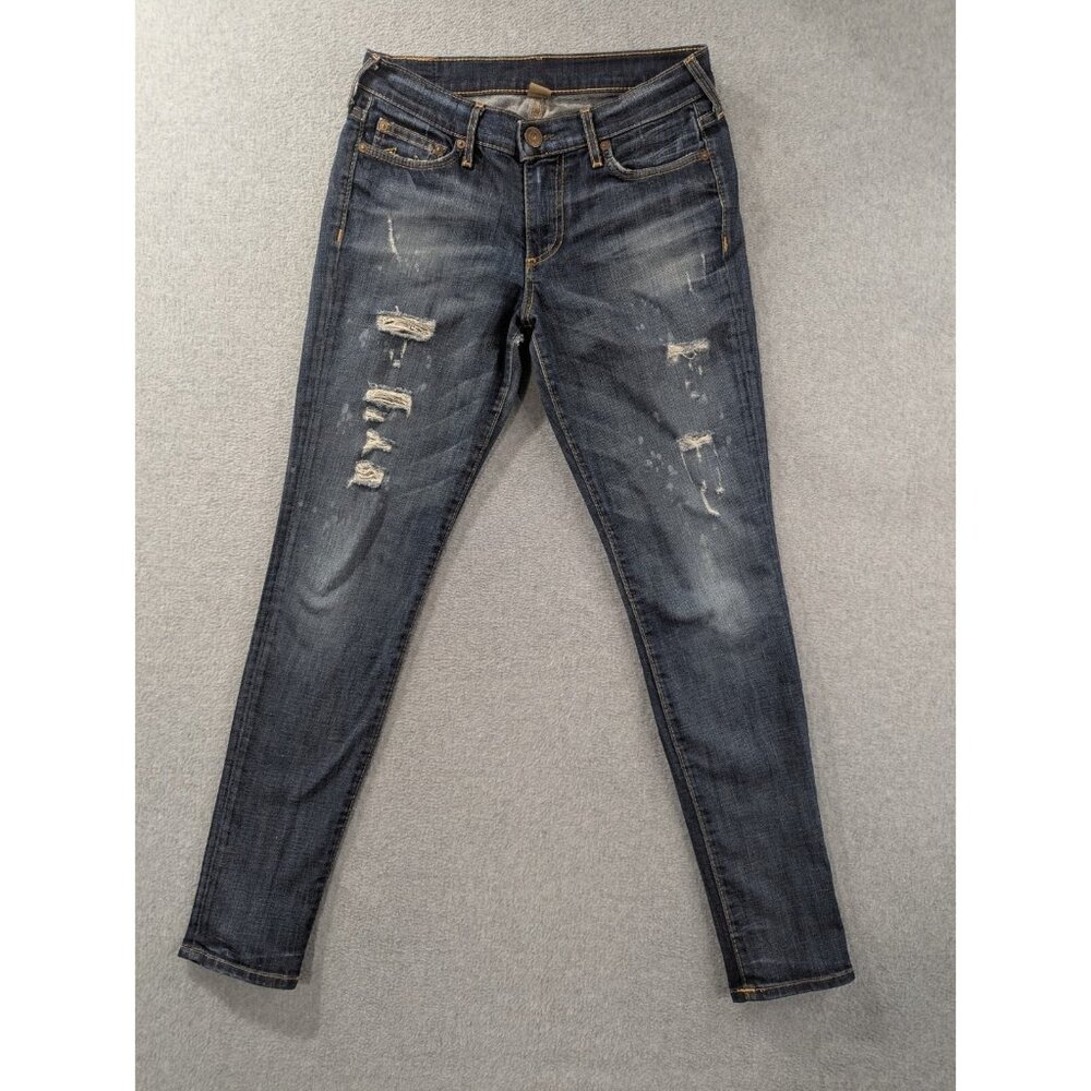 True Religion Jeans Womens SZ 28 Blue Tapered Whiskers Distressed Made in USA